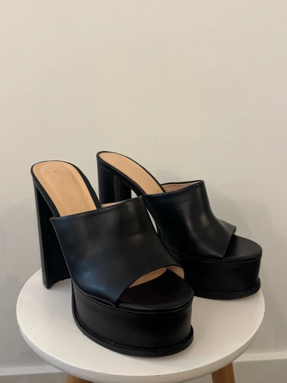 Black Leather Platform Mule Heels - Women